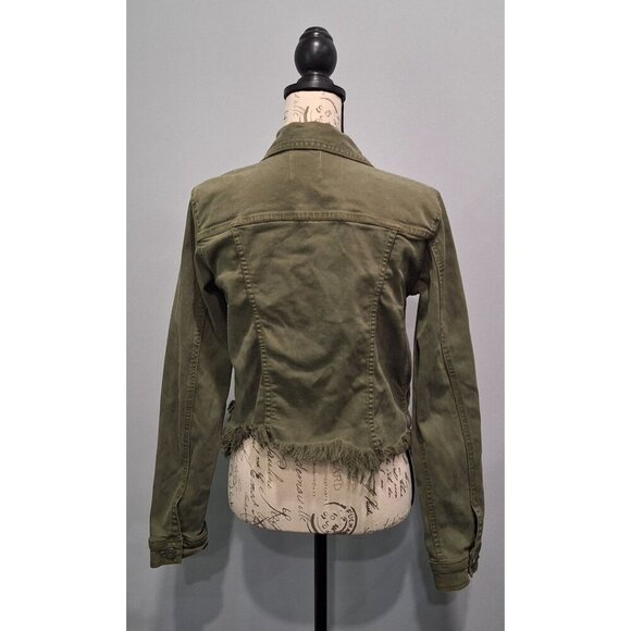 EUC Hidden Los Angeles Olive Green Distressed Cropped Denim Jacket With Raw Hem/ - Picture 2 of 9